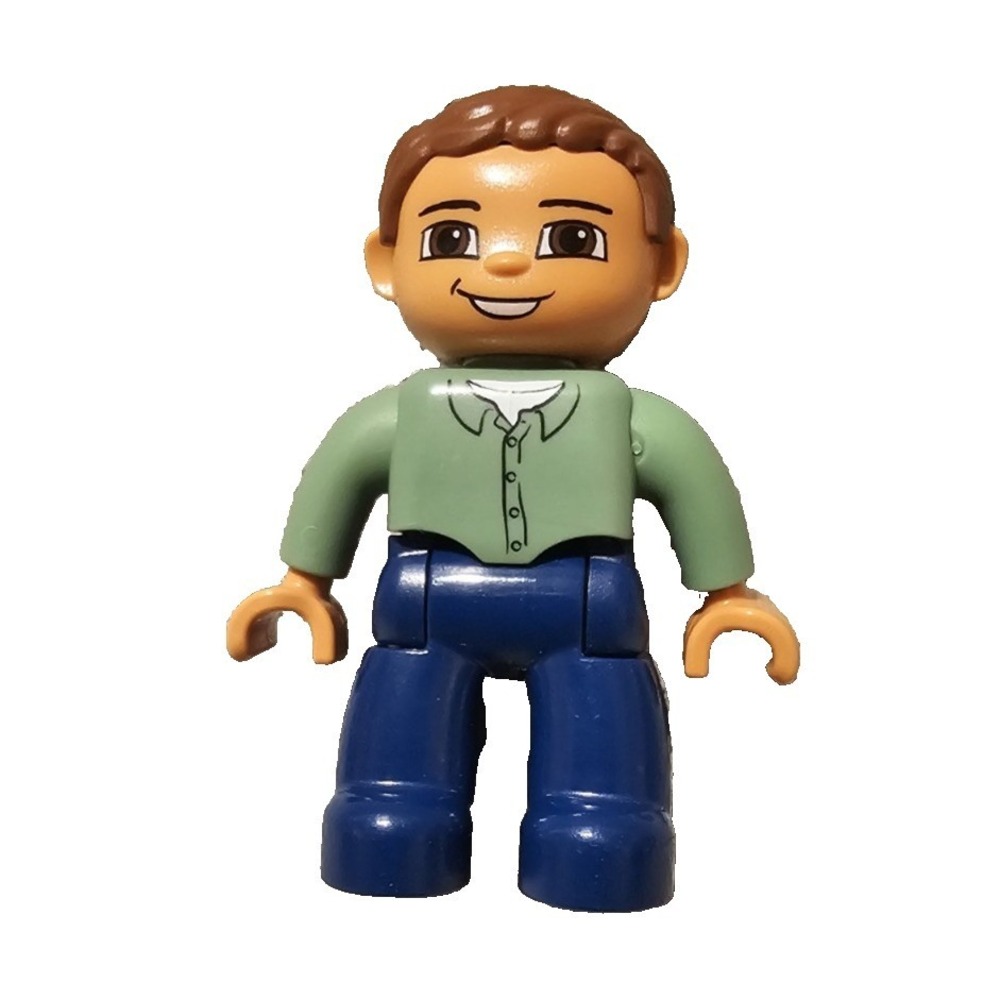 Lego DUPLO Figure Male SAND GREEN Top DARK BLUE Legs BROWN Hair Excellent